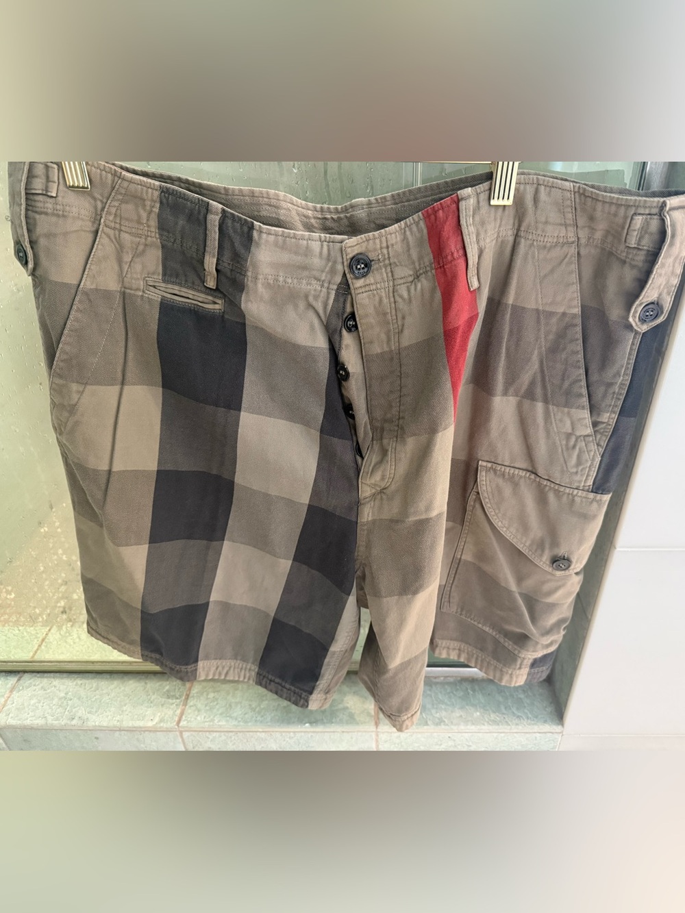 Burberry Plaid Cargo Shorts - Taupe, Black & Red
